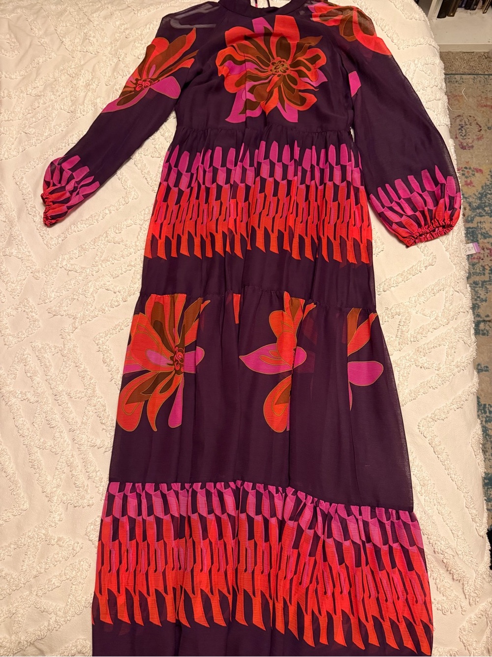 Maison Tara Purple Maxi Dress with Red and Pink Floral Print
